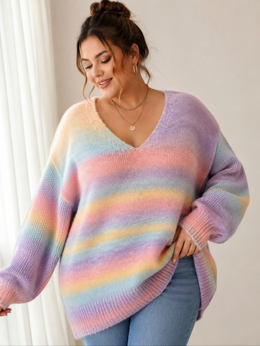 🌈 BloomChic Rainbow Pastel Oversized Knit Sweater | Plus Size US 26 | Cozy
